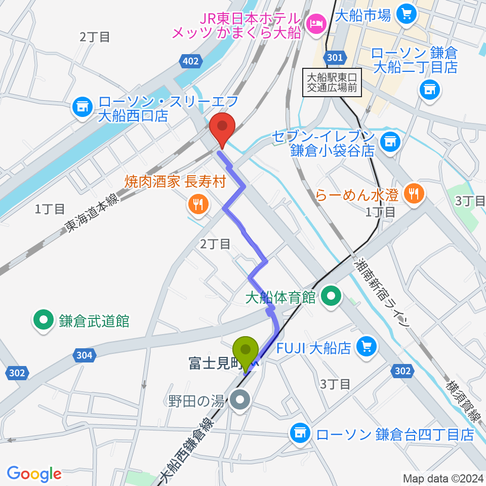 音楽スタジオ・ルート大船の最寄駅富士見町駅からの徒歩ルート（約7分）地図