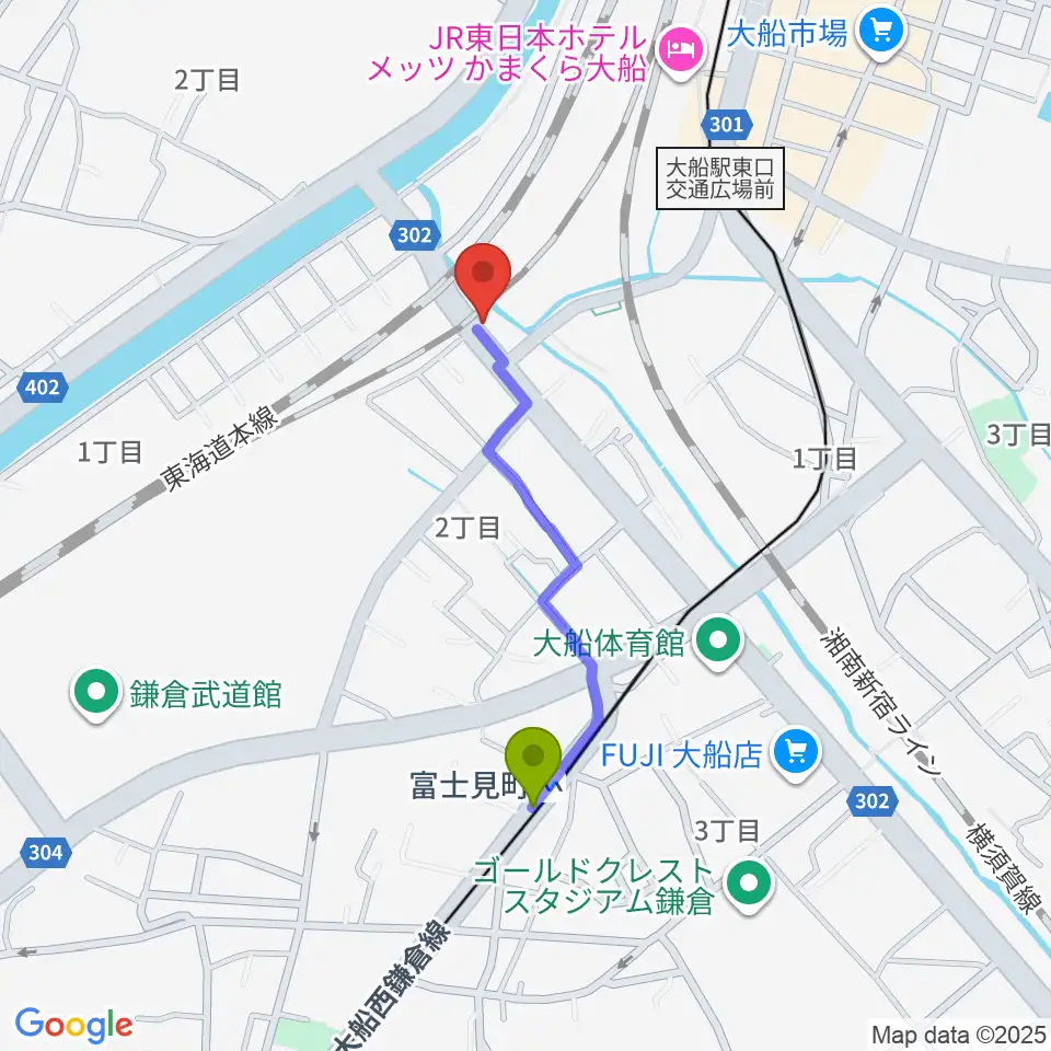 音楽スタジオ・ルート大船の最寄駅富士見町駅からの徒歩ルート（約7分）地図