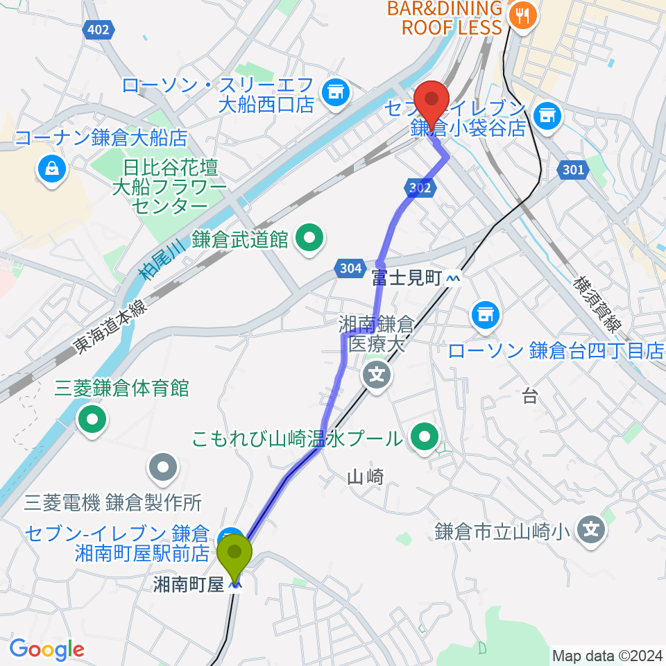 湘南町屋駅から音楽スタジオ・ルート大船へのルートマップ地図