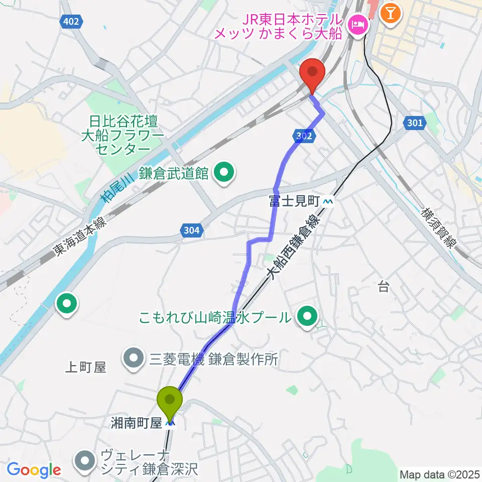 湘南町屋駅から音楽スタジオ・ルート大船へのルートマップ地図