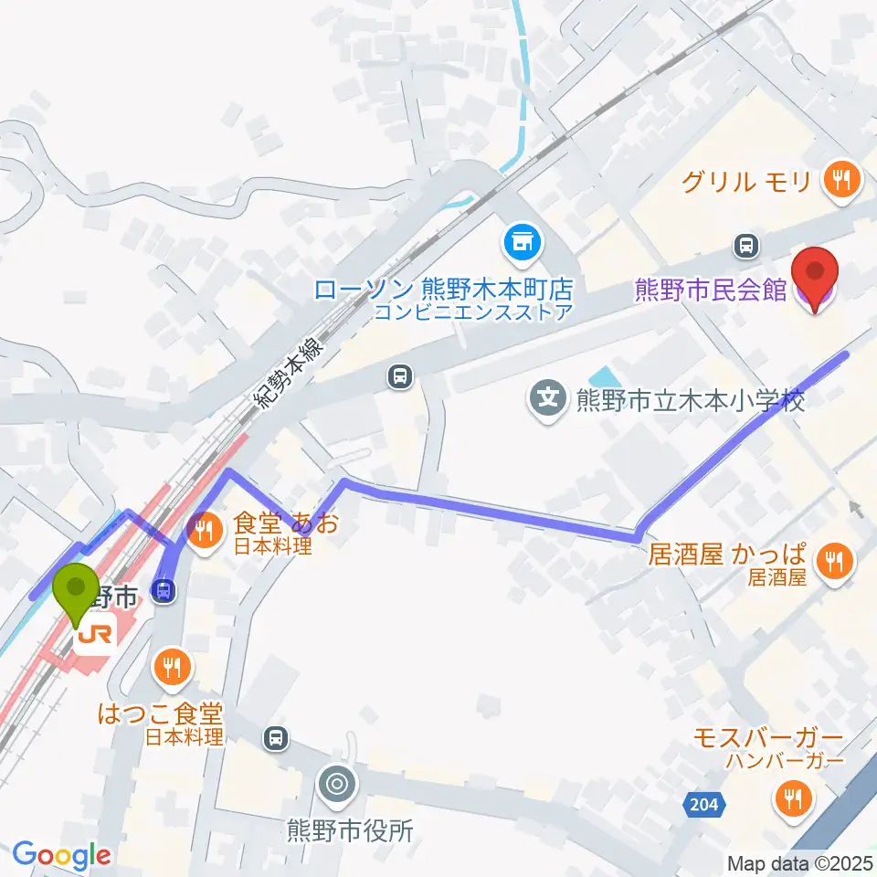 熊野市民会館の最寄駅熊野市駅からの徒歩ルート（約7分）地図