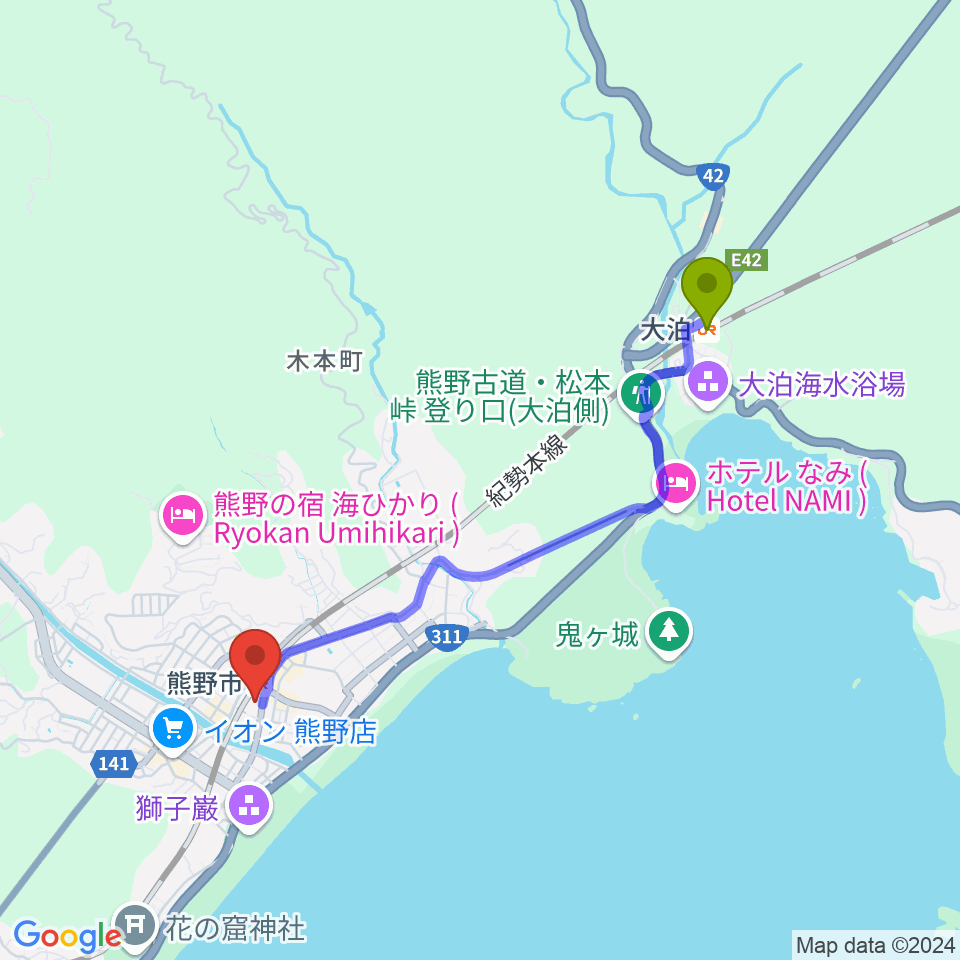 大泊駅から熊野市文化交流センターへのルートマップ地図