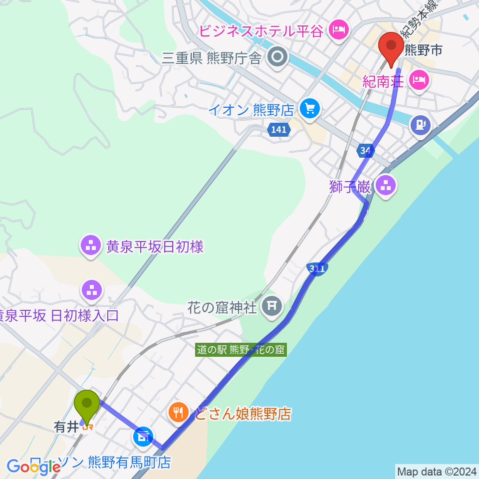 有井駅から熊野市文化交流センターへのルートマップ地図