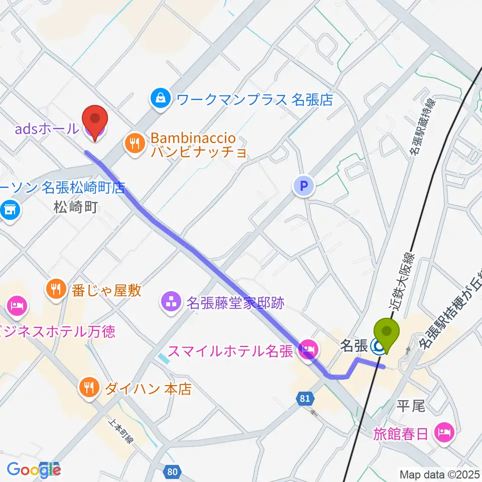 adsホールの最寄駅名張駅からの徒歩ルート（約12分）地図