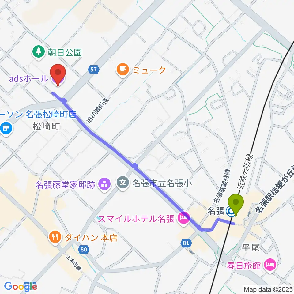 adsホールの最寄駅名張駅からの徒歩ルート（約12分）地図