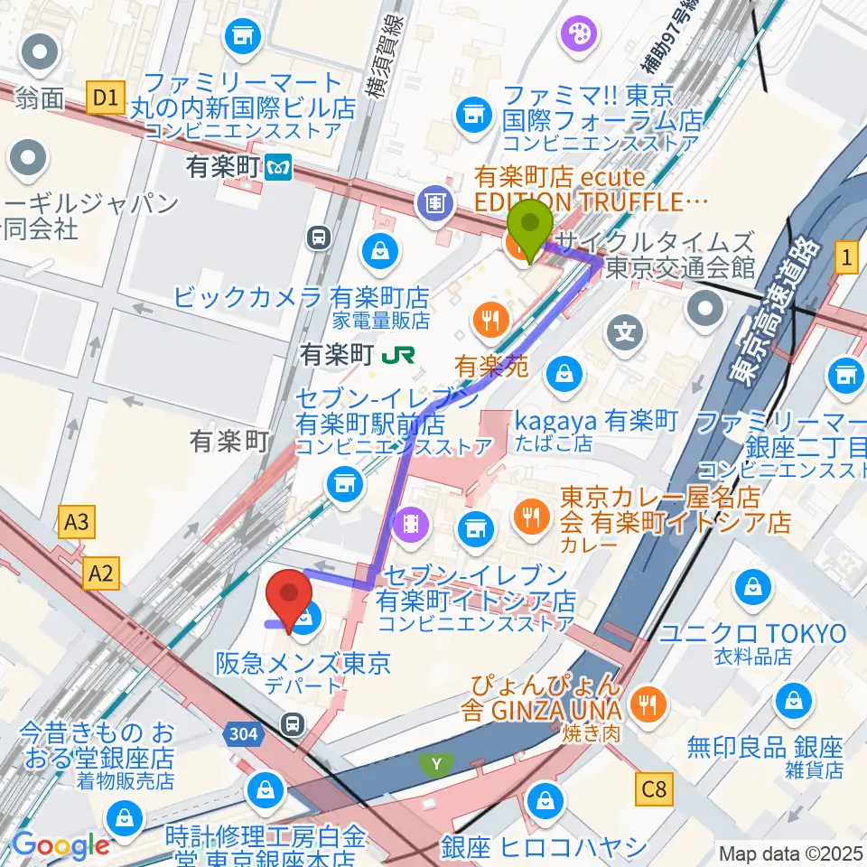 有楽町駅からヒューリックホール東京へのルートマップ地図