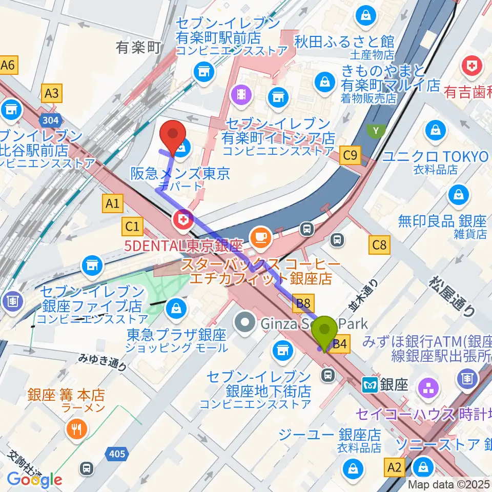 銀座駅からヒューリックホール東京へのルートマップ地図