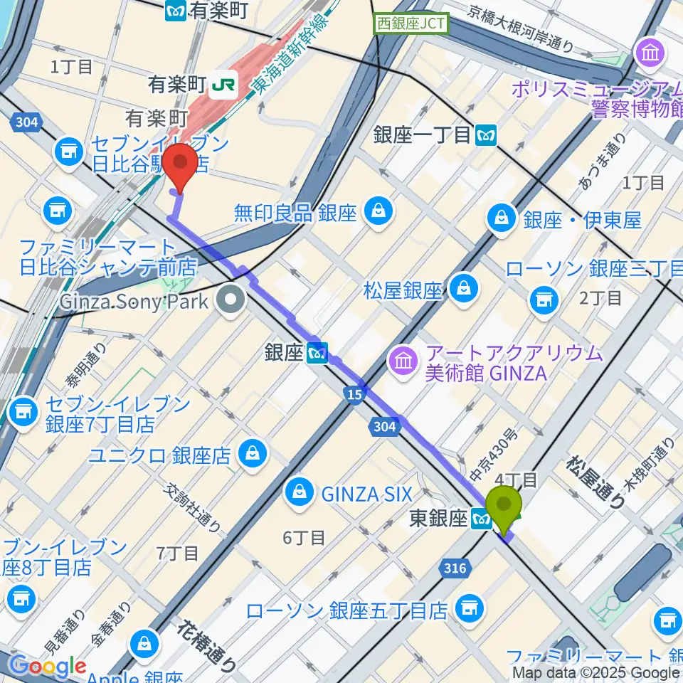 東銀座駅からヒューリックホール東京へのルートマップ地図