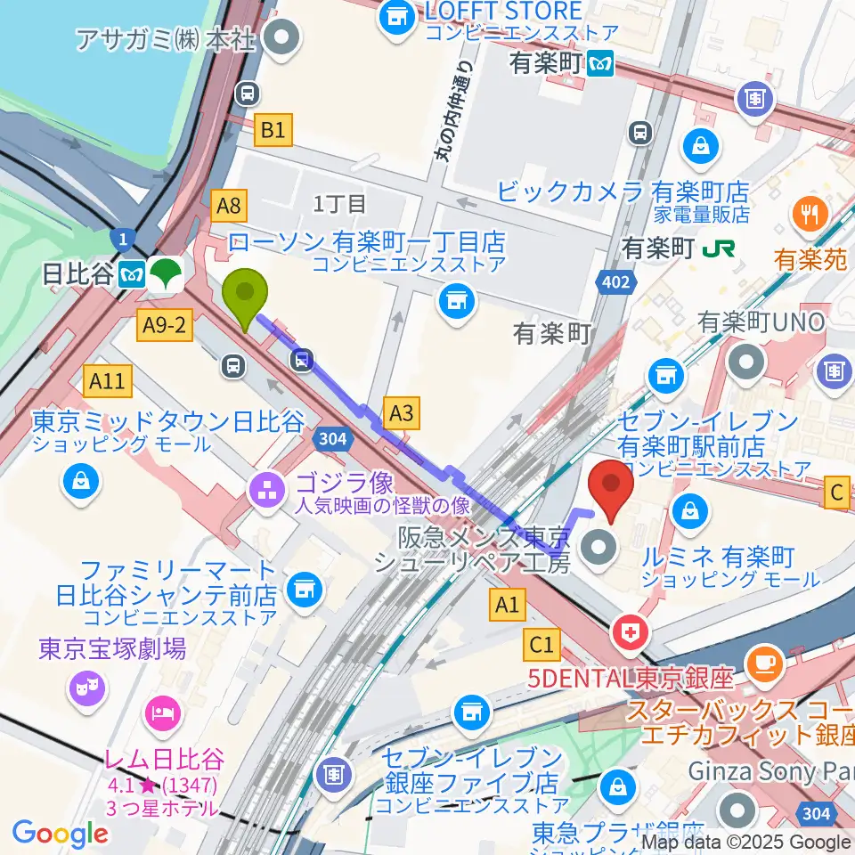 ヒューリックホール東京の最寄駅日比谷駅からの徒歩ルート（約4分）地図