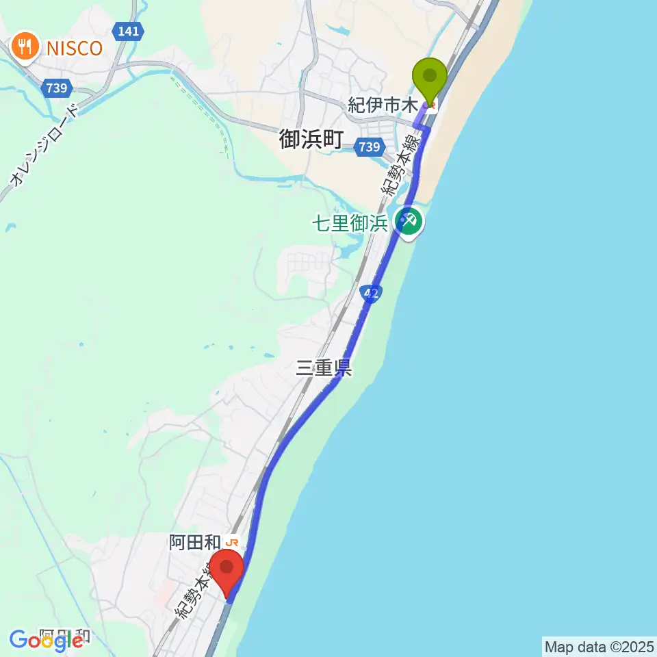 紀伊市木駅から御浜町中央公民館へのルートマップ地図