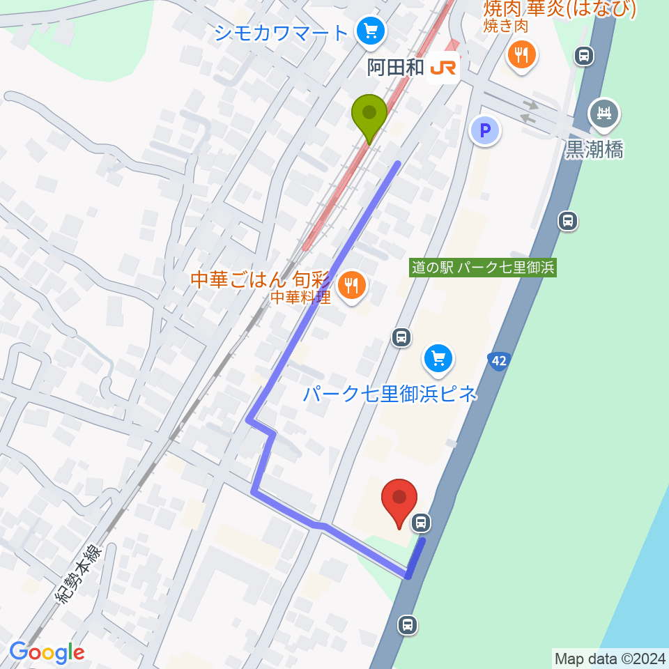 御浜町中央公民館の最寄駅阿田和駅からの徒歩ルート（約5分）地図