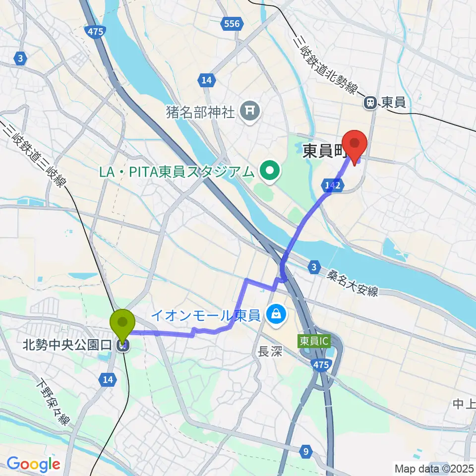 北勢中央公園口駅から東員町総合文化センターへのルートマップ地図