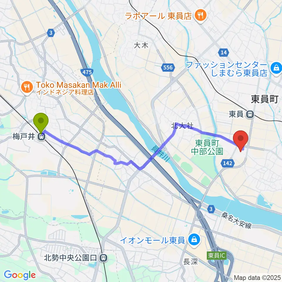 梅戸井駅から東員町総合文化センターへのルートマップ地図