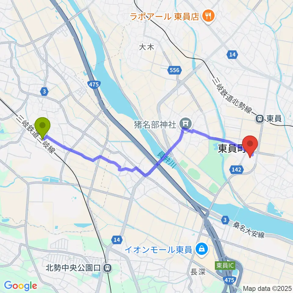 梅戸井駅から東員町総合文化センターへのルートマップ地図