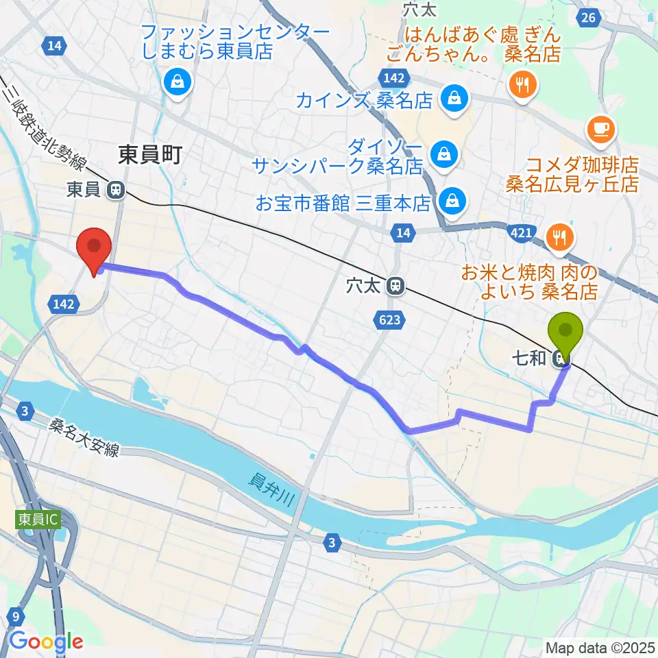 七和駅から東員町総合文化センターへのルートマップ地図