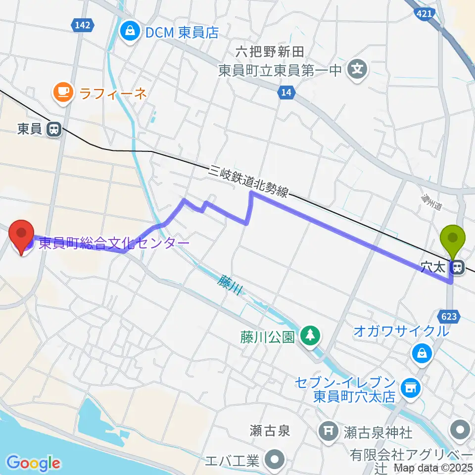 穴太駅から東員町総合文化センターへのルートマップ地図