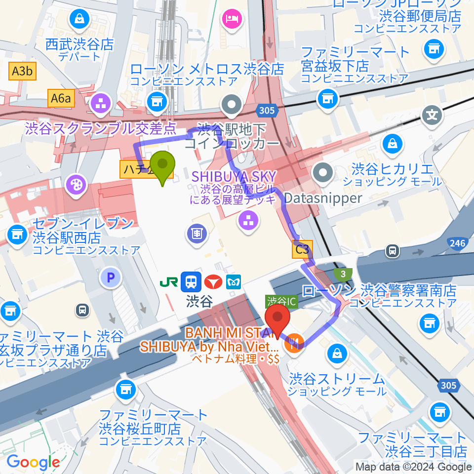 渋谷ストリームホールの最寄駅渋谷駅からの徒歩ルート（約3分）地図