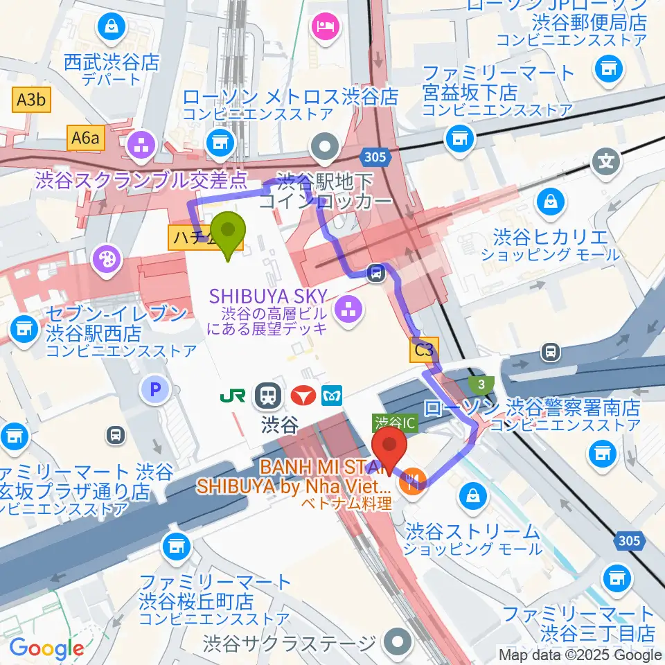 渋谷ストリームホールの最寄駅渋谷駅からの徒歩ルート（約3分）地図