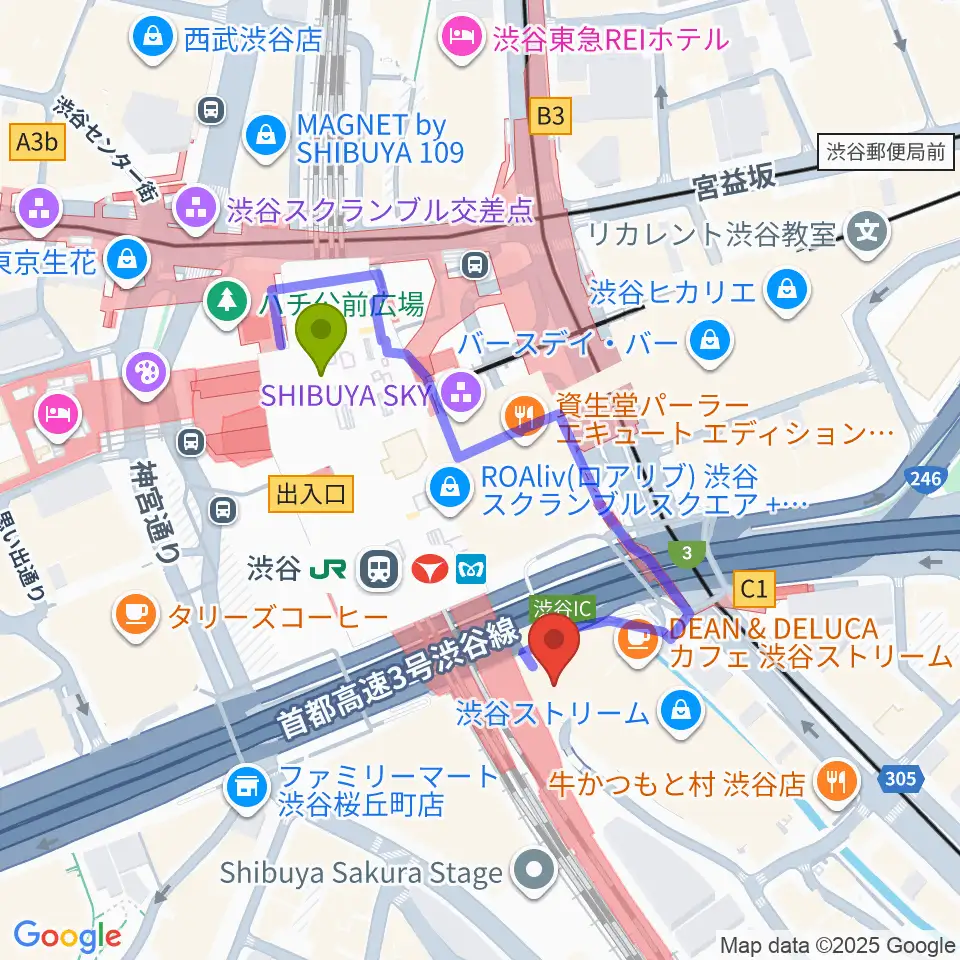 渋谷ストリームホールの最寄駅渋谷駅からの徒歩ルート（約3分）地図