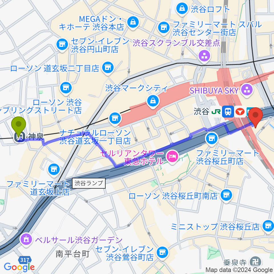 神泉駅から渋谷ストリームホールへのルートマップ地図