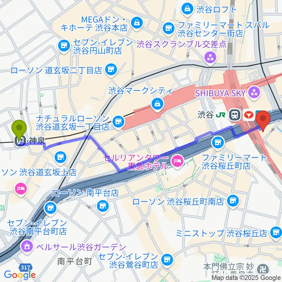 神泉駅から渋谷ストリームホールへのルートマップ地図