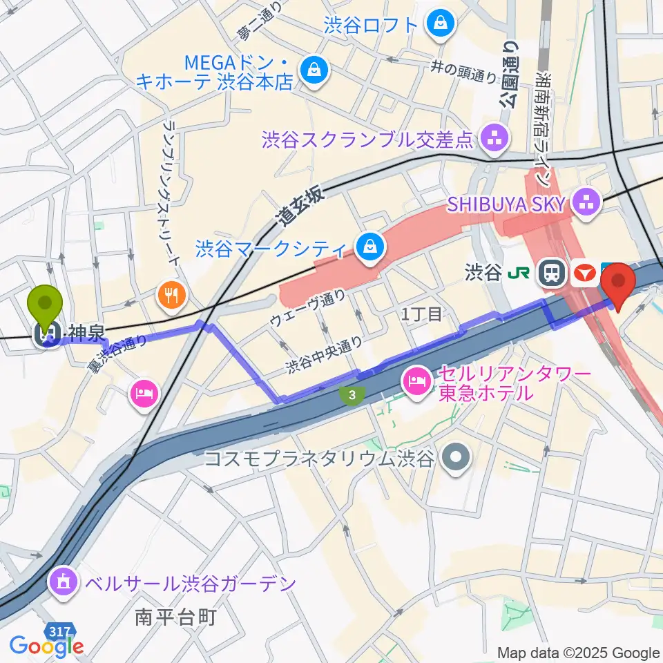 神泉駅から渋谷ストリームホールへのルートマップ地図
