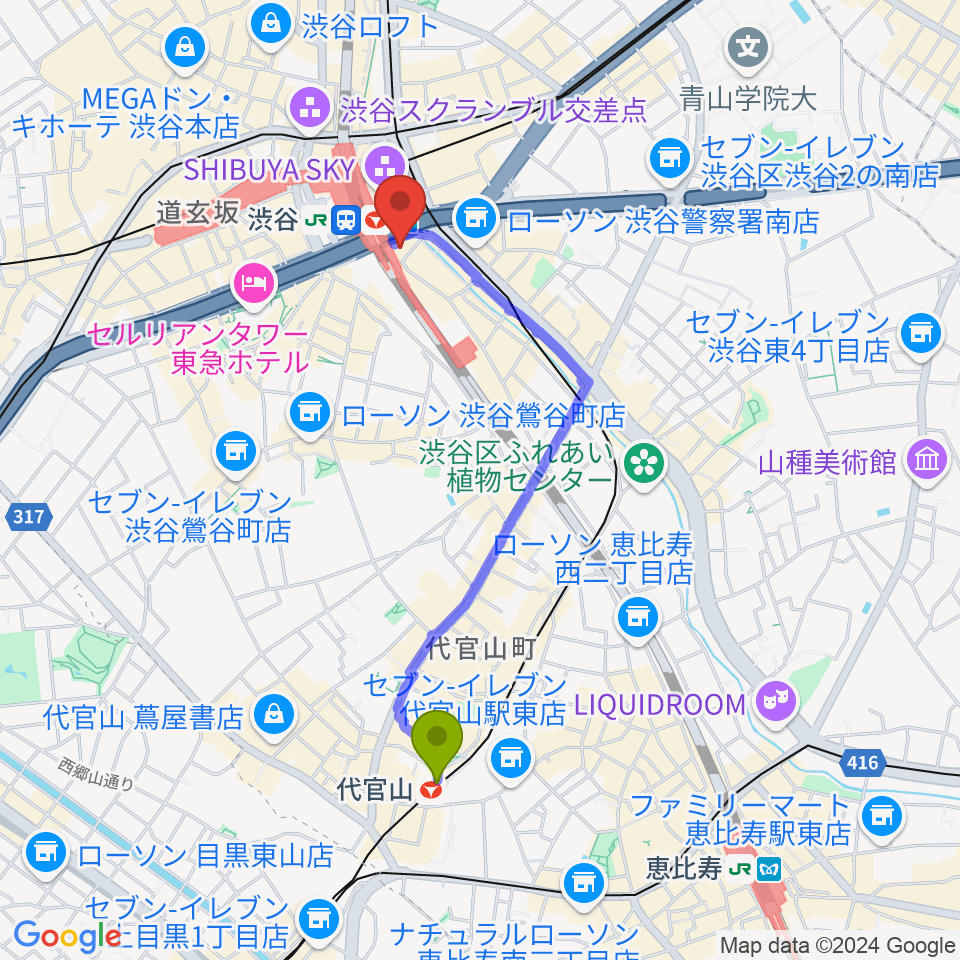 代官山駅から渋谷ストリームホールへのルートマップ地図