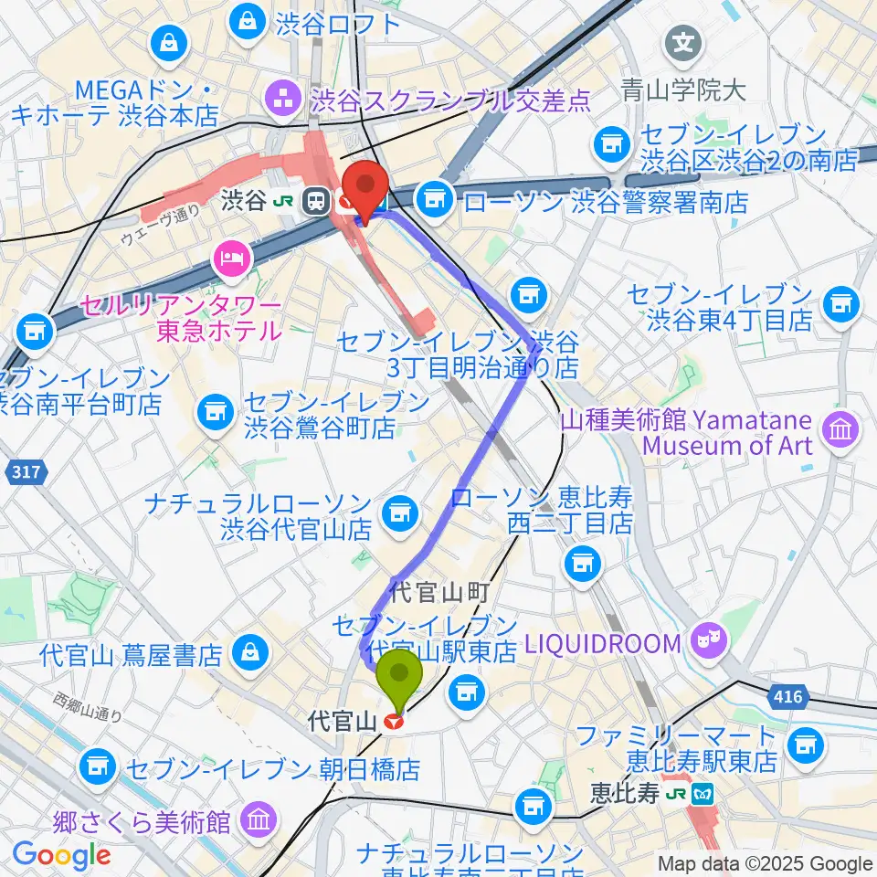 代官山駅から渋谷ストリームホールへのルートマップ地図