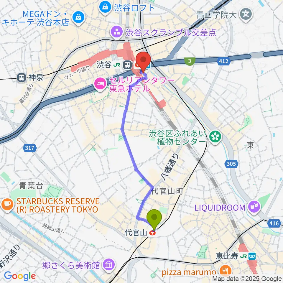 代官山駅から渋谷ストリームホールへのルートマップ地図