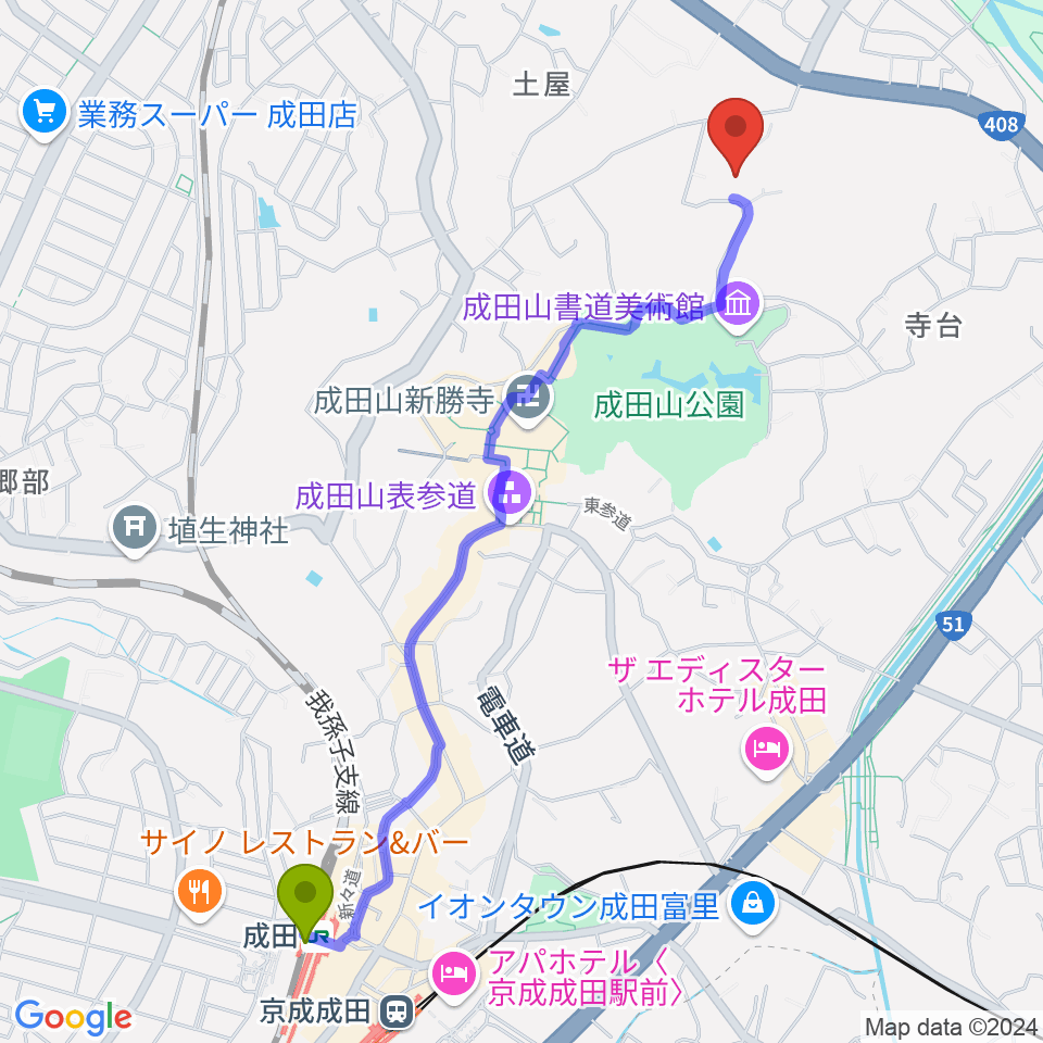 成田国際文化会館の最寄駅成田駅からの徒歩ルート（約26分）地図