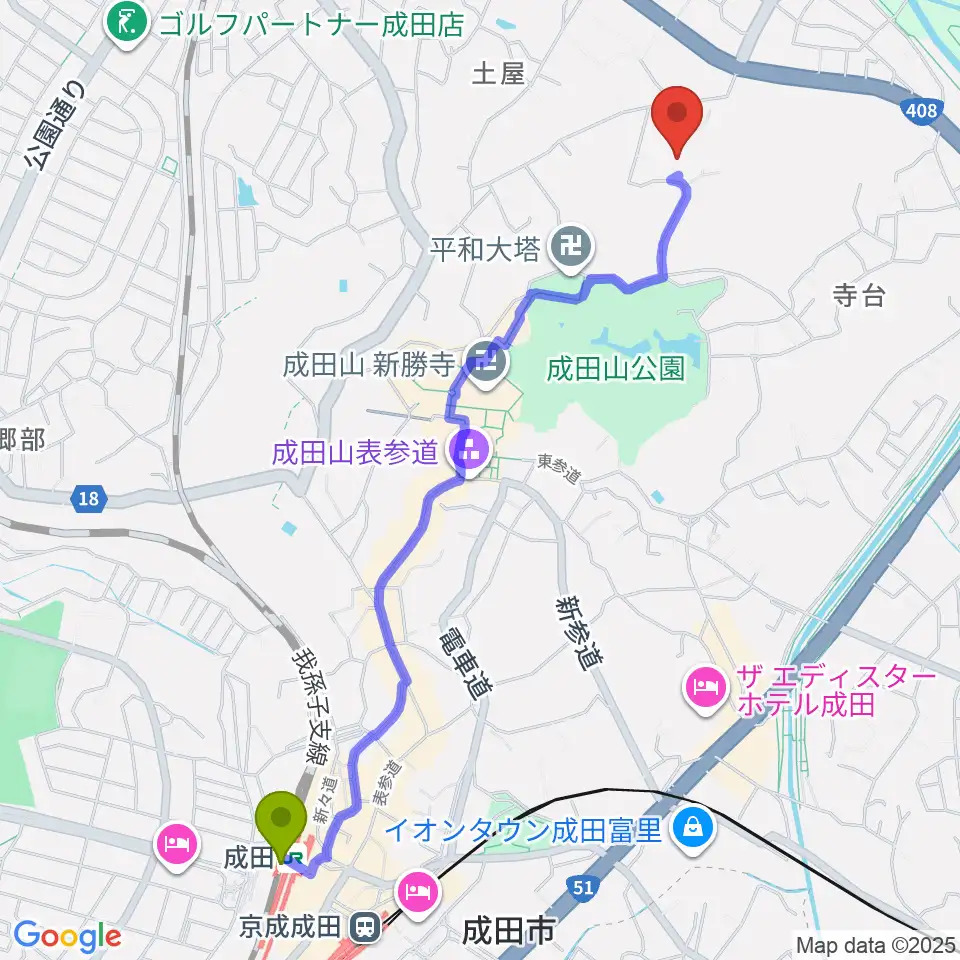 成田国際文化会館の最寄駅成田駅からの徒歩ルート（約26分）地図