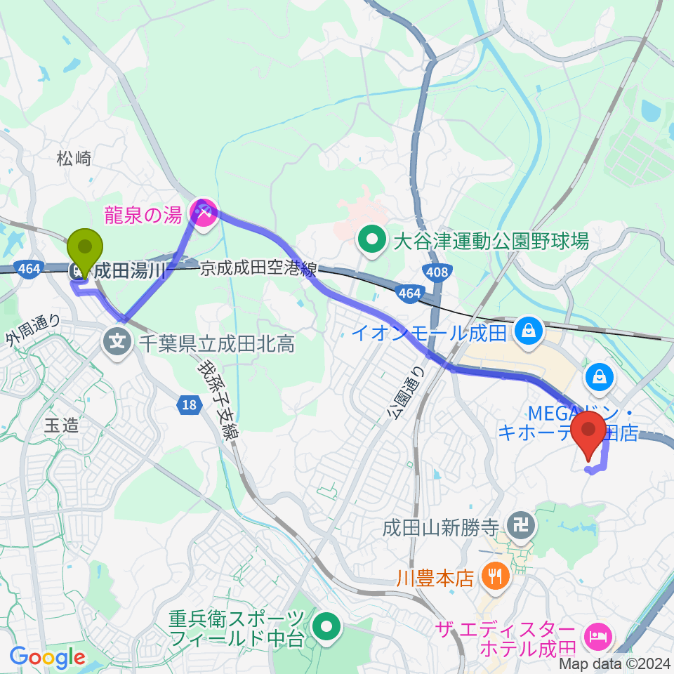 成田湯川駅から成田国際文化会館へのルートマップ地図