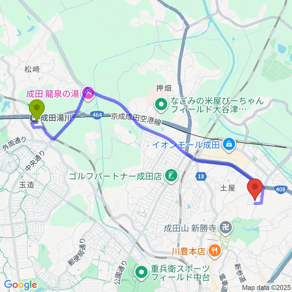 成田湯川駅から成田国際文化会館へのルートマップ地図