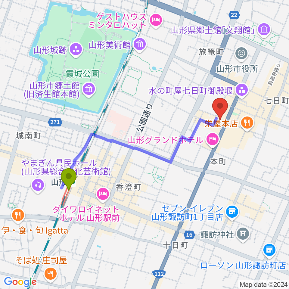 山形市中央公民館ホールの最寄駅山形駅からの徒歩ルート（約17分）地図