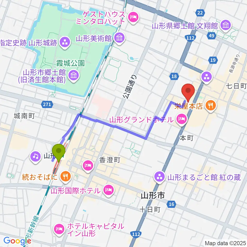 山形市中央公民館ホールの最寄駅山形駅からの徒歩ルート（約17分）地図