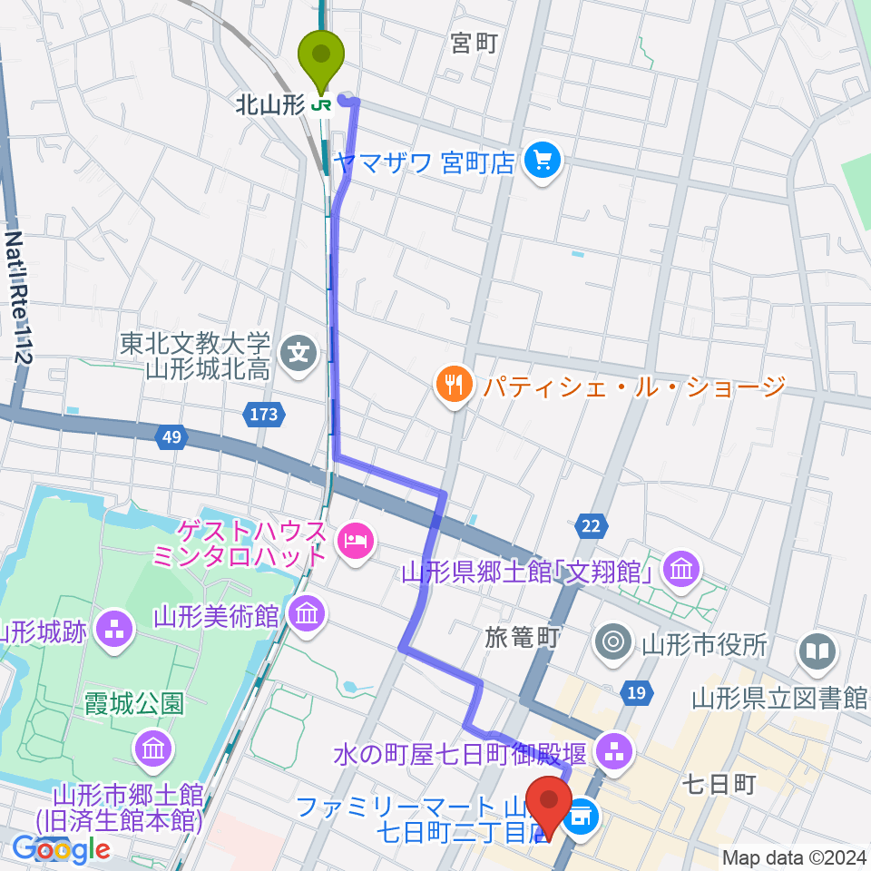 北山形駅から山形市中央公民館ホールへのルートマップ地図