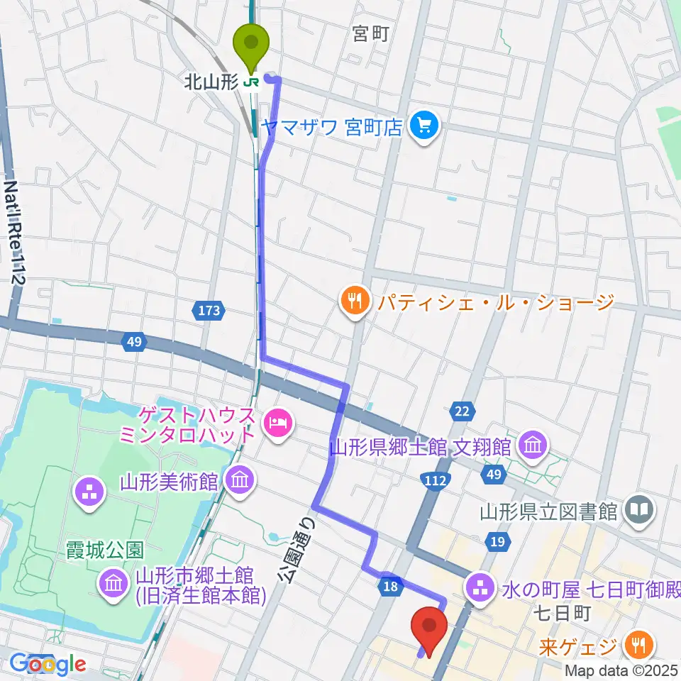 北山形駅から山形市中央公民館ホールへのルートマップ地図