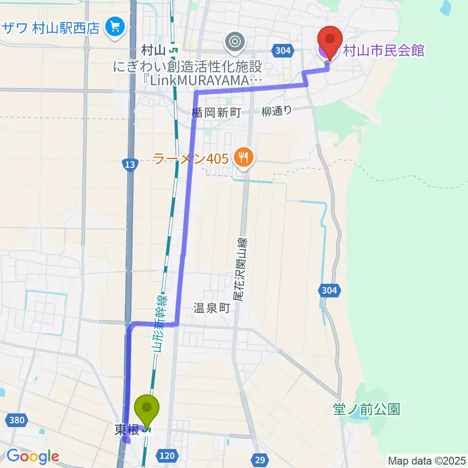 東根駅から村山市民会館へのルートマップ地図