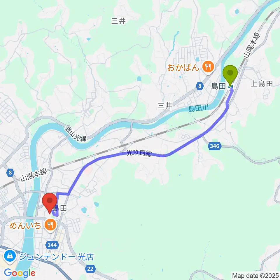 島田駅から光市民ホールへのルートマップ地図