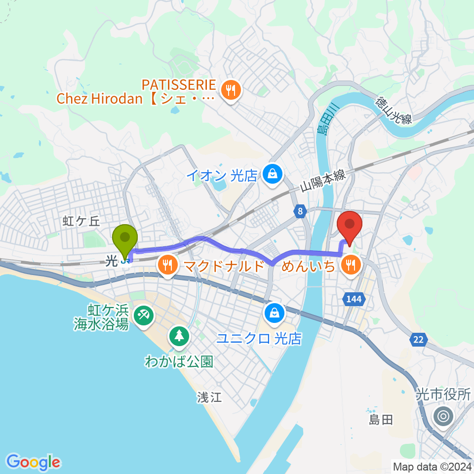 光市民ホールの最寄駅光駅からの徒歩ルート（約30分）地図