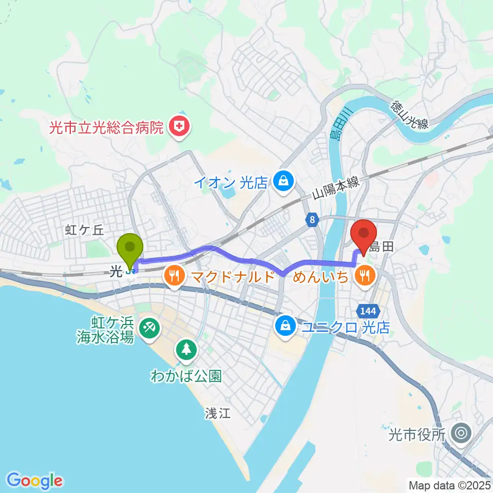 光市民ホールの最寄駅光駅からの徒歩ルート（約30分）地図