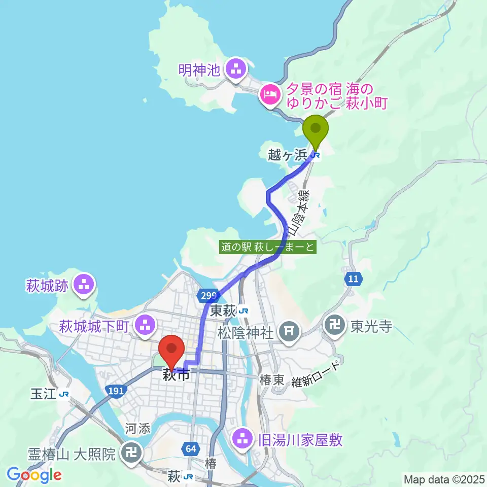 越ケ浜駅から萩市民館へのルートマップ地図