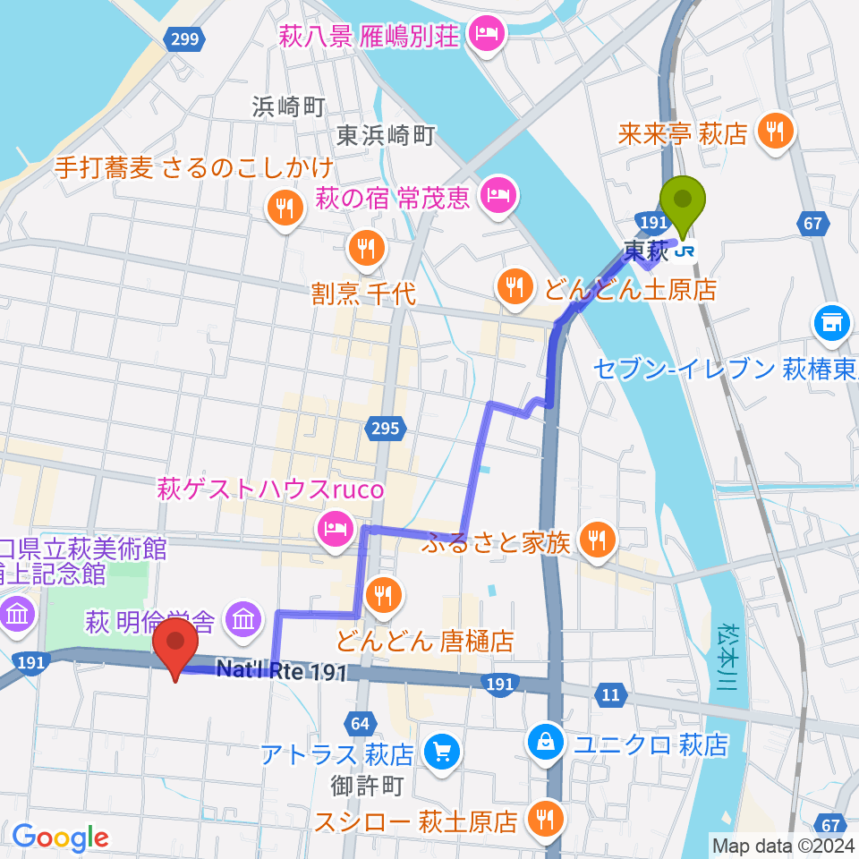 萩市民館の最寄駅東萩駅からの徒歩ルート（約25分）地図