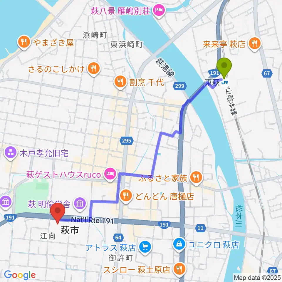 萩市民館の最寄駅東萩駅からの徒歩ルート（約25分）地図