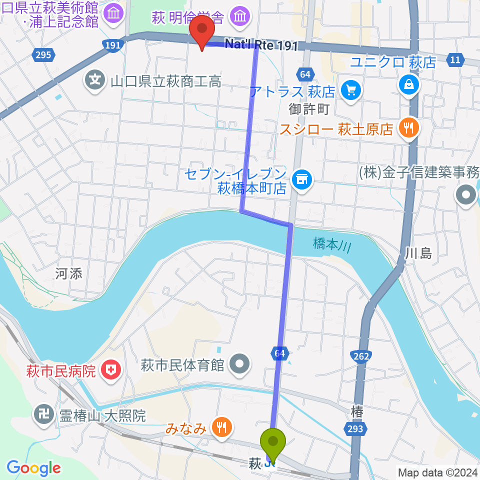 萩駅から萩市民館へのルートマップ地図