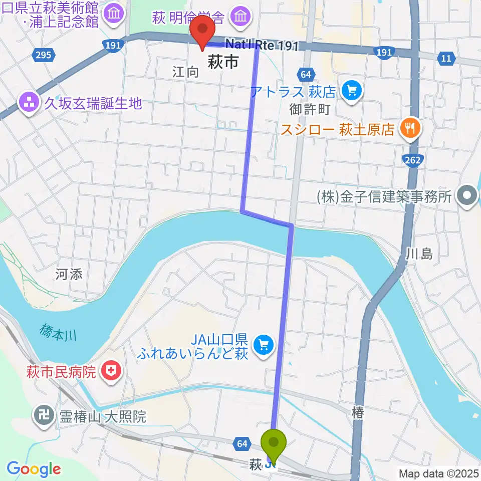 萩駅から萩市民館へのルートマップ地図