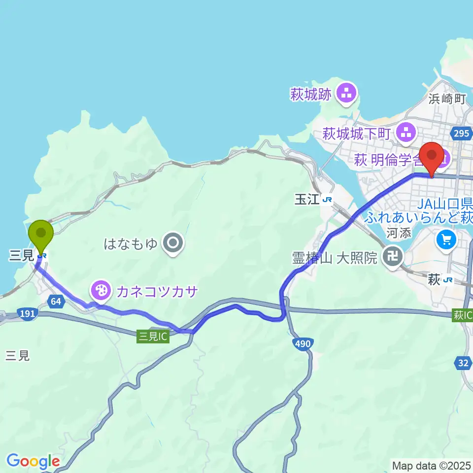 三見駅から萩市民館へのルートマップ地図