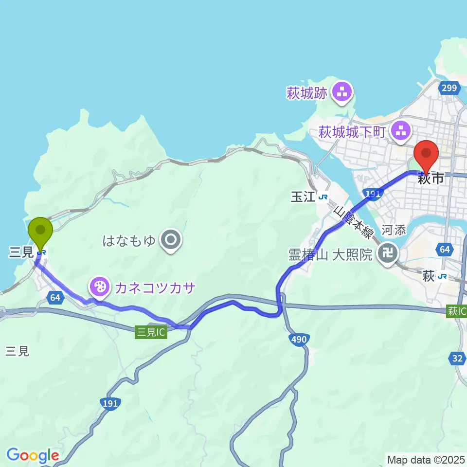 三見駅から萩市民館へのルートマップ地図