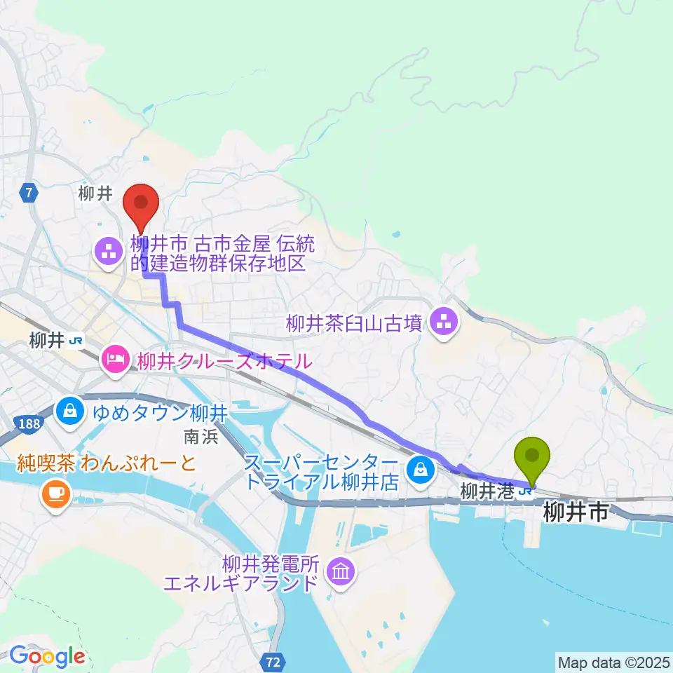 柳井港駅からサンビームやないへのルートマップ地図