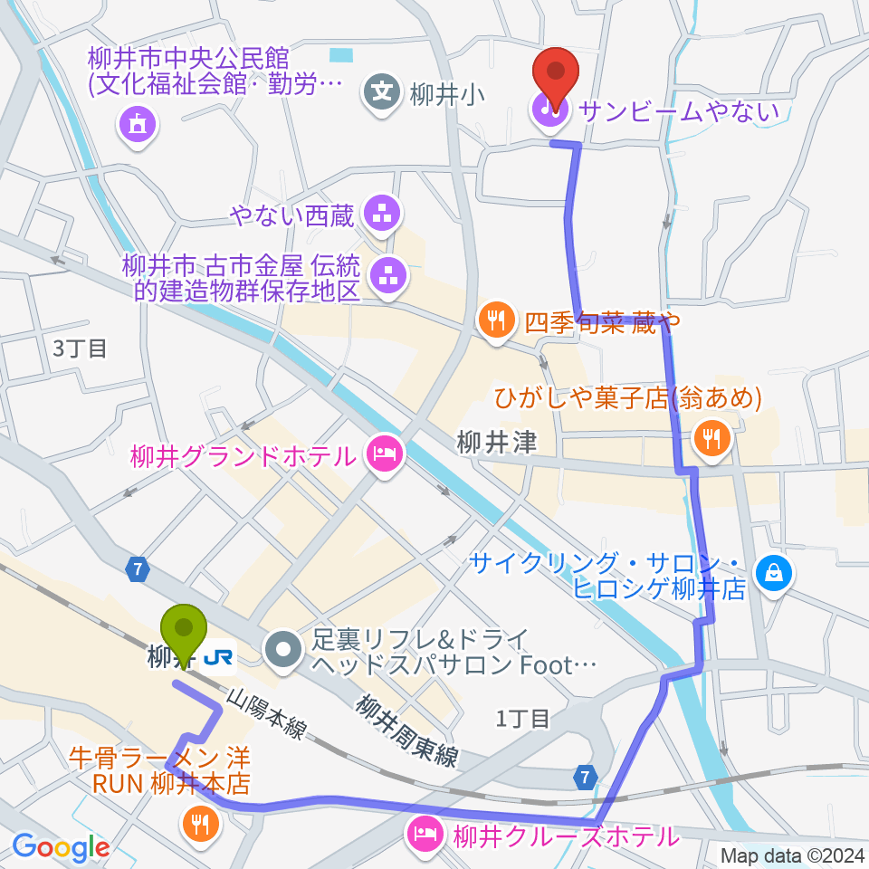 サンビームやないの最寄駅柳井駅からの徒歩ルート（約12分）地図